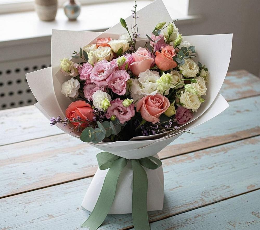 Букет цветов из: Розы, Лизиантусы и Гвоздики в Гаспре