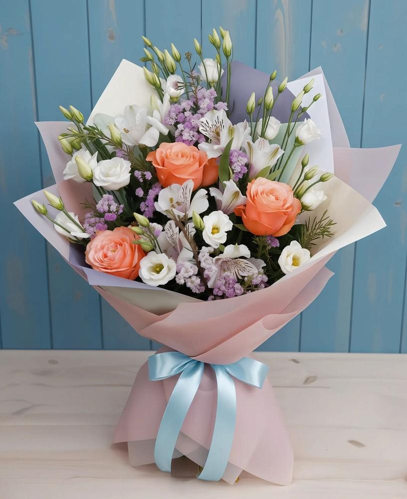 Букет цветов из: Лизиантусы, Розы, Альстромерии и Гипсофила в Гаспре